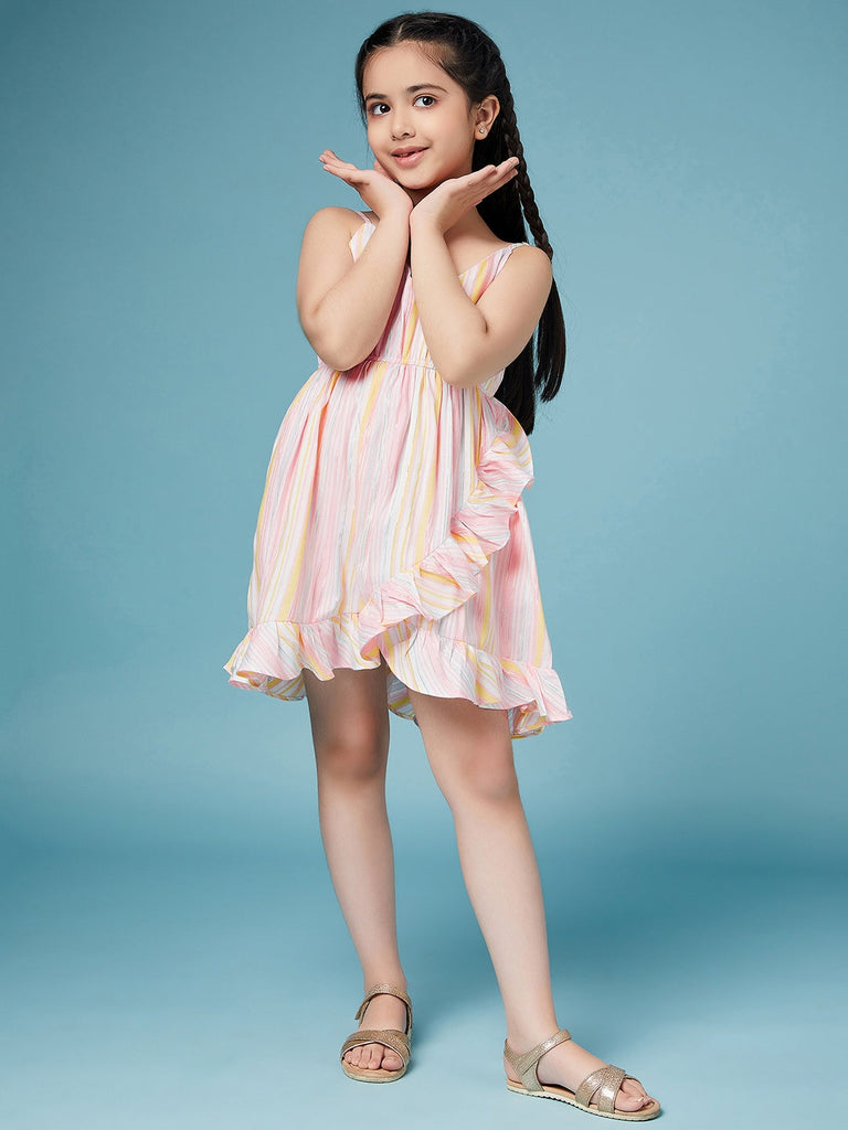 Girls Striped Cotton A-Line Dress (d-pinkflared)