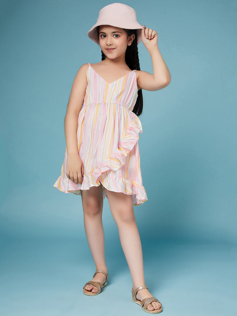 Girls Striped Cotton A-Line Dress (d-pinkflared)
