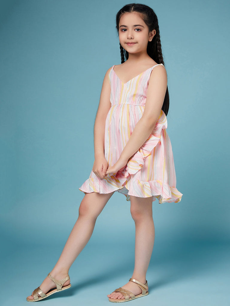 Girls Striped Cotton A-Line Dress (d-pinkflared)