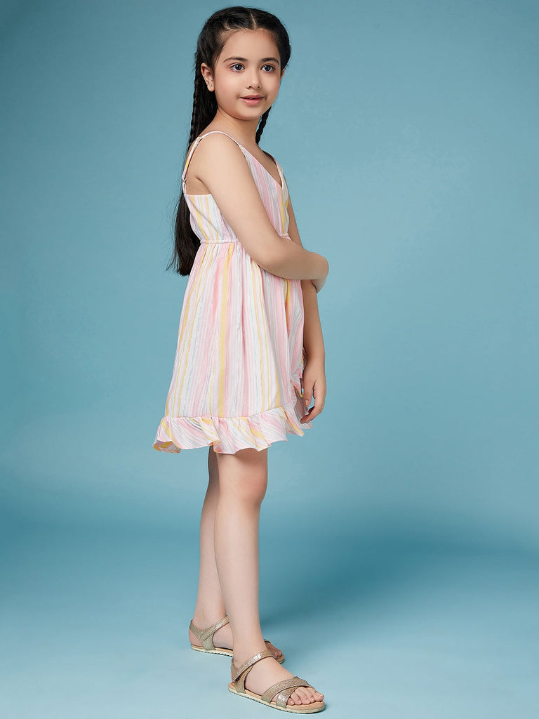 Girls Striped Cotton A-Line Dress (d-pinkflared)