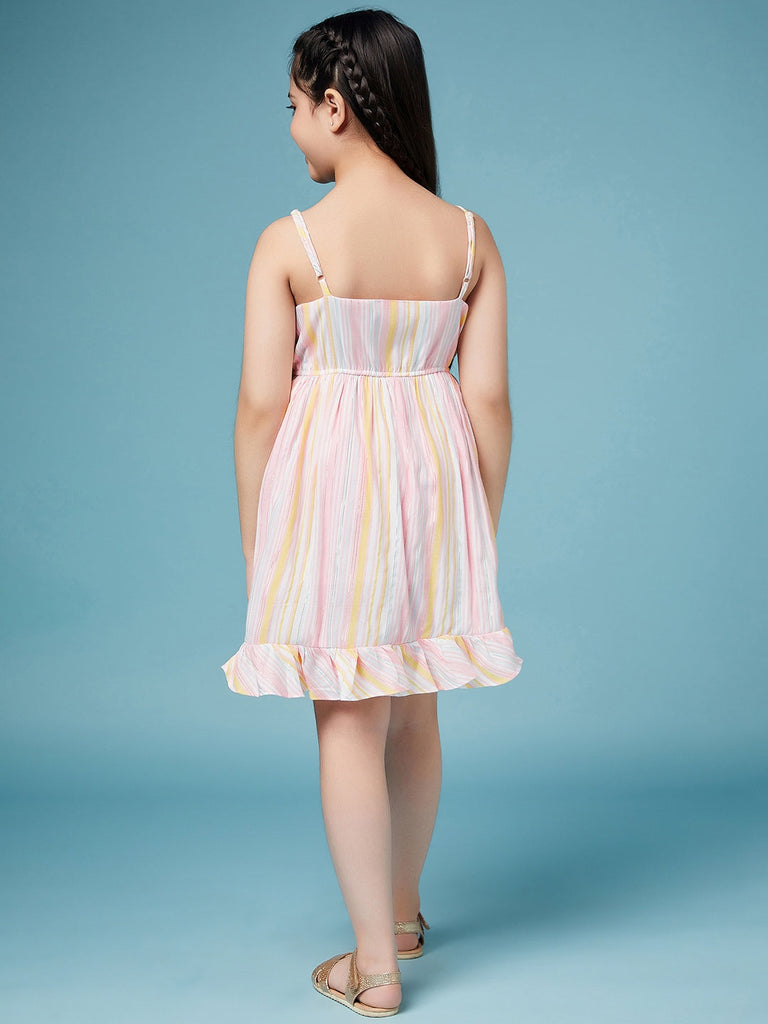 Girls Striped Cotton A-Line Dress (d-pinkflared)
