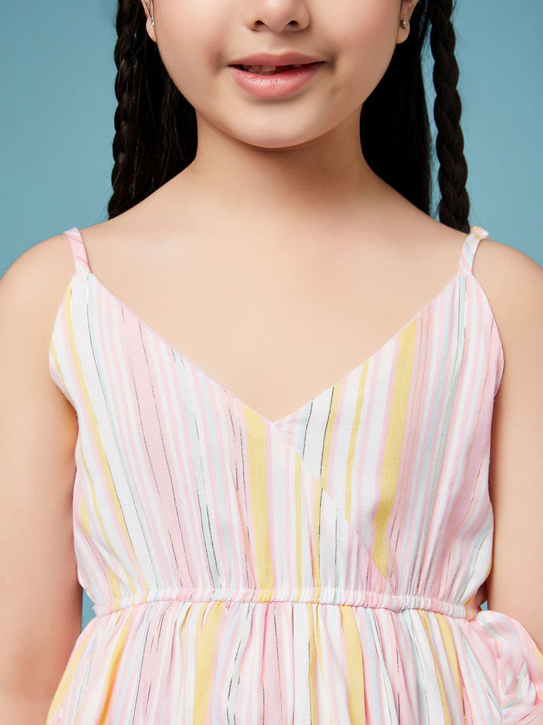 Girls Striped Cotton A-Line Dress (d-pinkflared)
