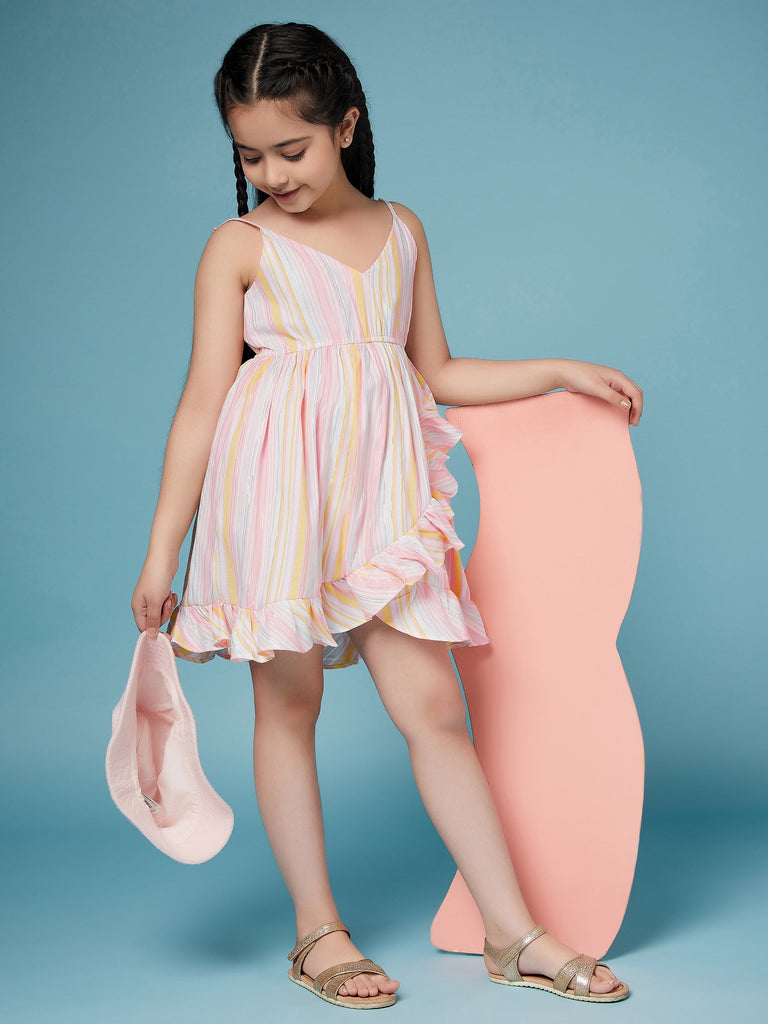 Girls Striped Cotton A-Line Dress (d-pinkflared)