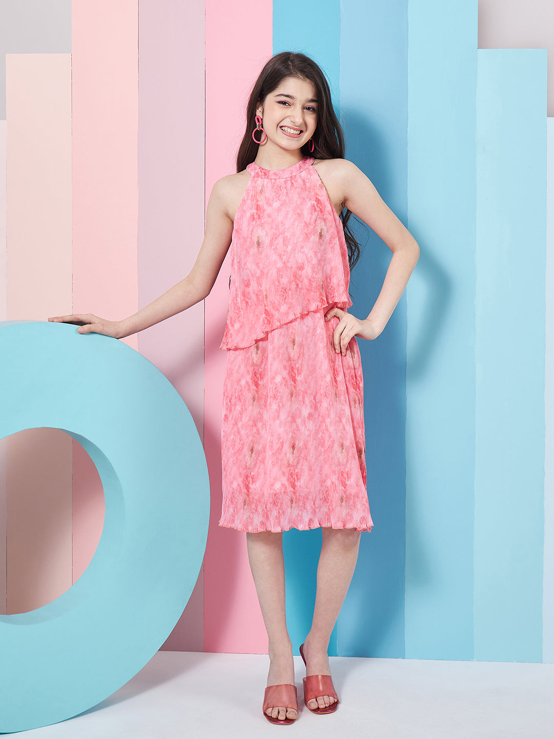 Girl's Round Neck A-Line Midi Pink Dress Styley Fashionable Causal wear for Every Occasion (d-pinkpleat)