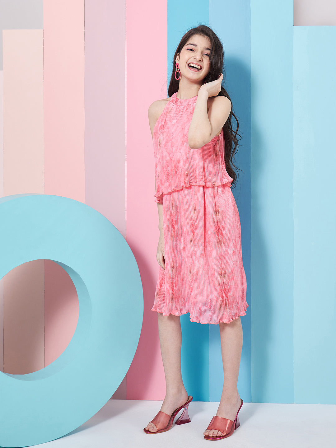 Girl's Round Neck A-Line Midi Pink Dress Styley Fashionable Causal wear for Every Occasion (d-pinkpleat)