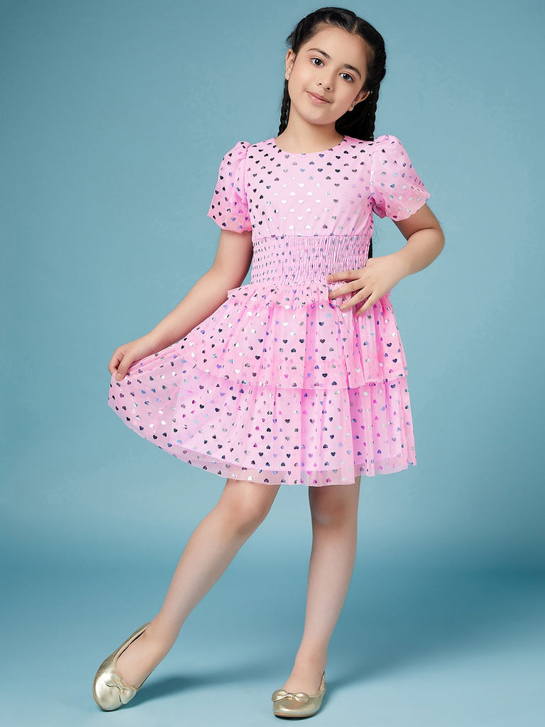Girls Pink & silver conversational print a-line dress Round neck puff sleeve Party Wear Dress (d-pinkshimmer)
