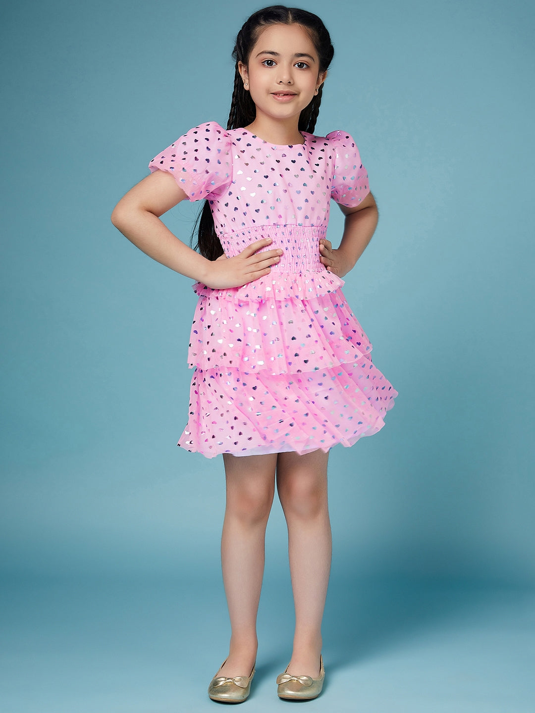 Girls Pink & silver conversational print a-line dress Round neck puff sleeve Party Wear Dress (d-pinkshimmer)