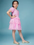Girls Pink & silver conversational print a-line dress Round neck puff sleeve Party Wear Dress (d-pinkshimmer)