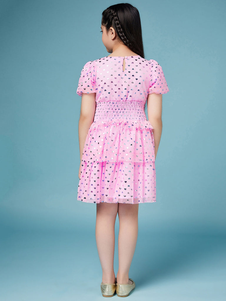 Girls Pink & silver conversational print a-line dress Round neck puff sleeve Party Wear Dress (d-pinkshimmer)