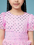 Girls Pink & silver conversational print a-line dress Round neck puff sleeve Party Wear Dress (d-pinkshimmer)