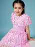Girls Pink & silver conversational print a-line dress Round neck puff sleeve Party Wear Dress (d-pinkshimmer)