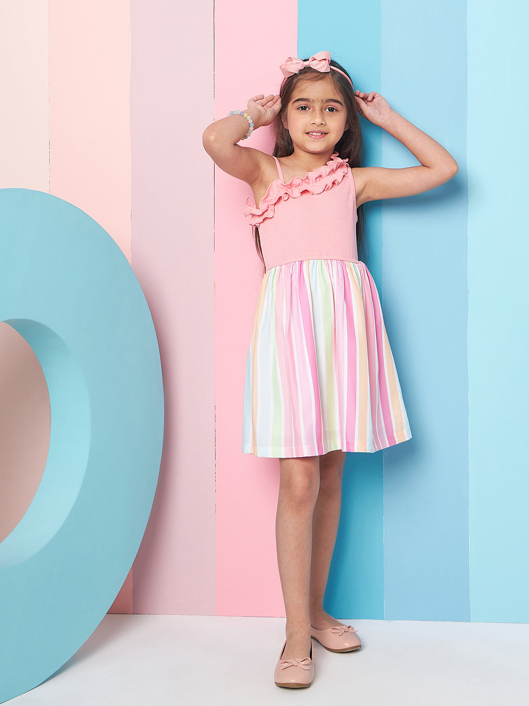 Girl's Sleeveless Striped Woollen Fit Flare Pink Dress with Shoulder Straps Trendy Style for Any Occasion (d-pinkstripe)