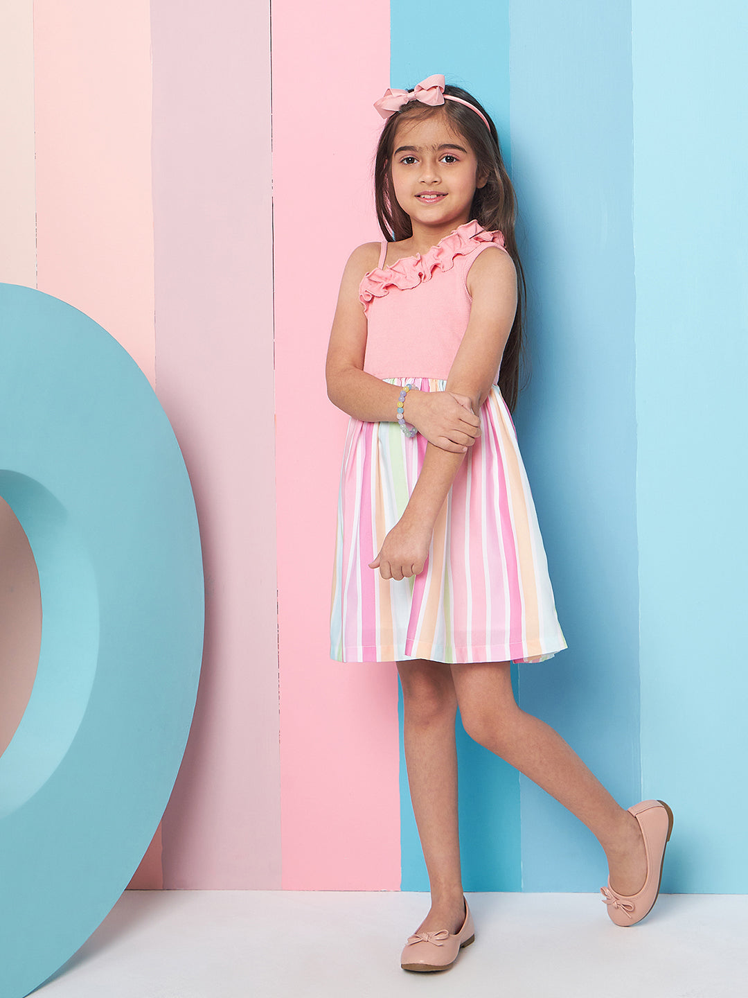 Girl's Sleeveless Striped Woollen Fit Flare Pink Dress with Shoulder Straps Trendy Style for Any Occasion (d-pinkstripe)