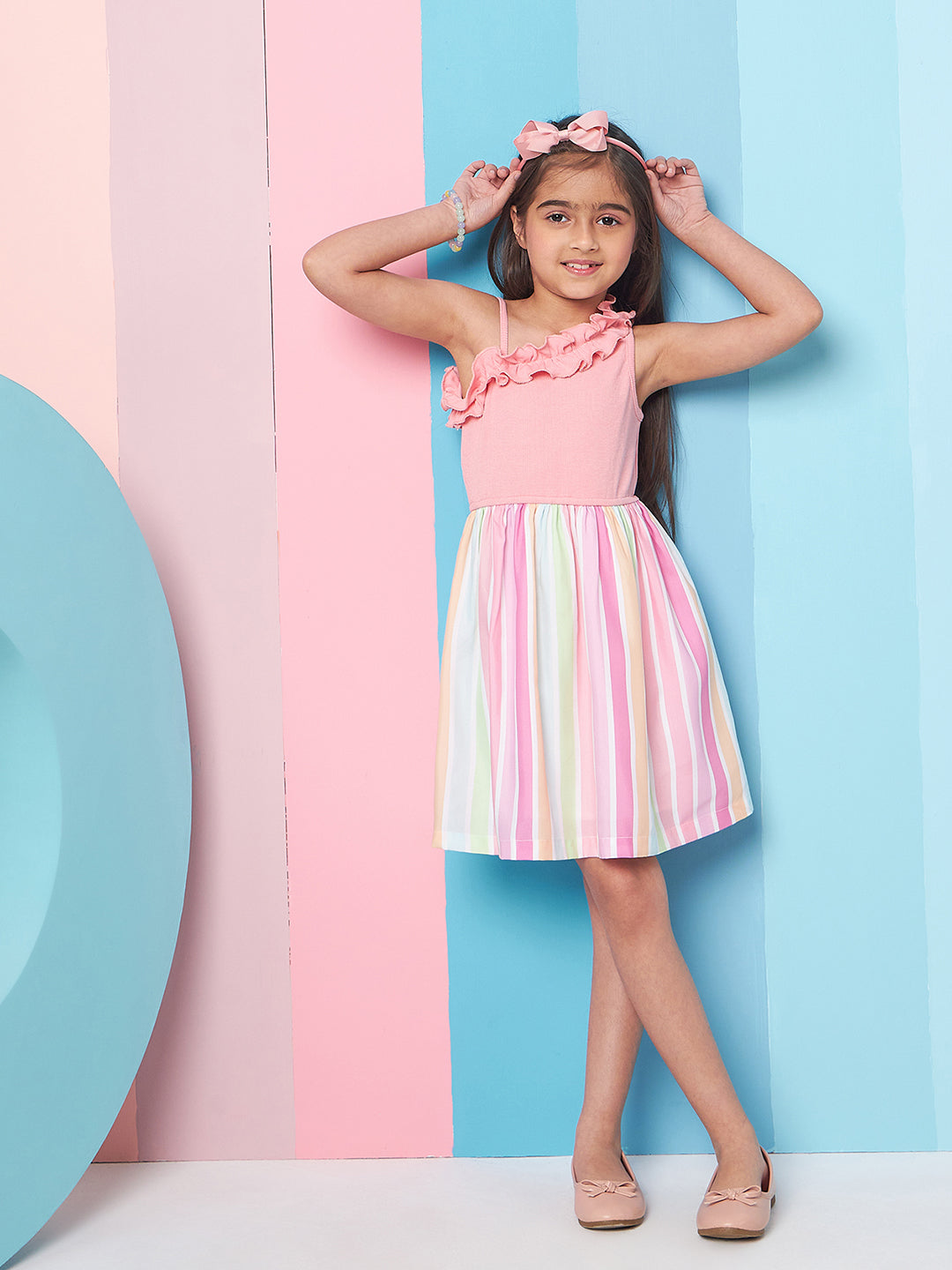Girl's Sleeveless Striped Woollen Fit Flare Pink Dress with Shoulder Straps Trendy Style for Any Occasion (d-pinkstripe)