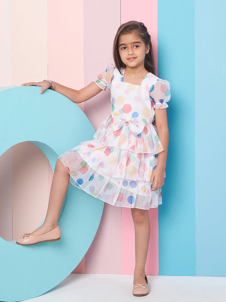 Girl's Geometric Printed Layered Fit Flare Dress Black Color Trendy Outfit for Every Occasion (d-polkaorganza)