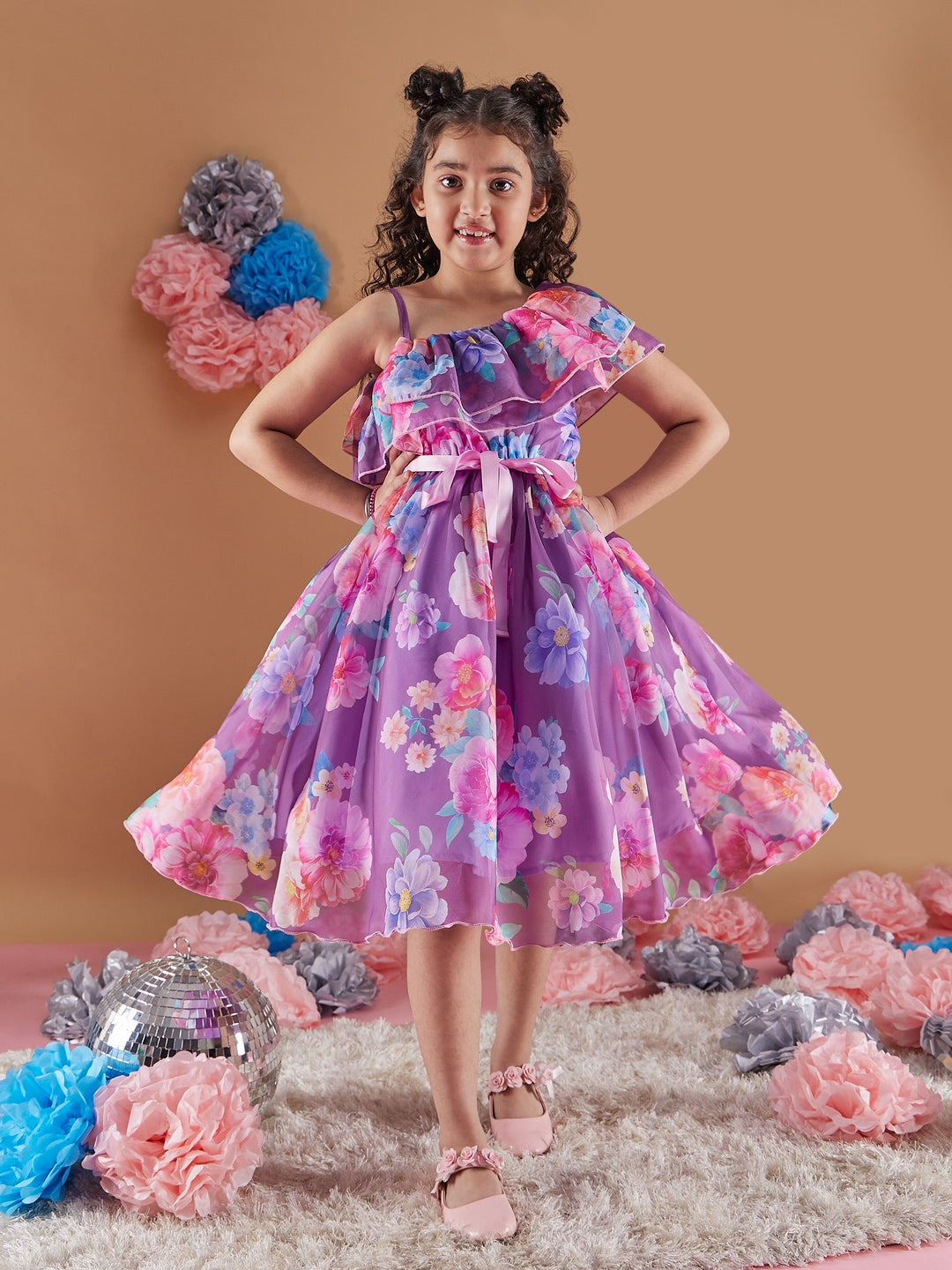 Girl's Floral Printed One Shoulder Ruffles Fit Flare Purple Dress Effortlessly Stylish and Elegant (d-purorganza)