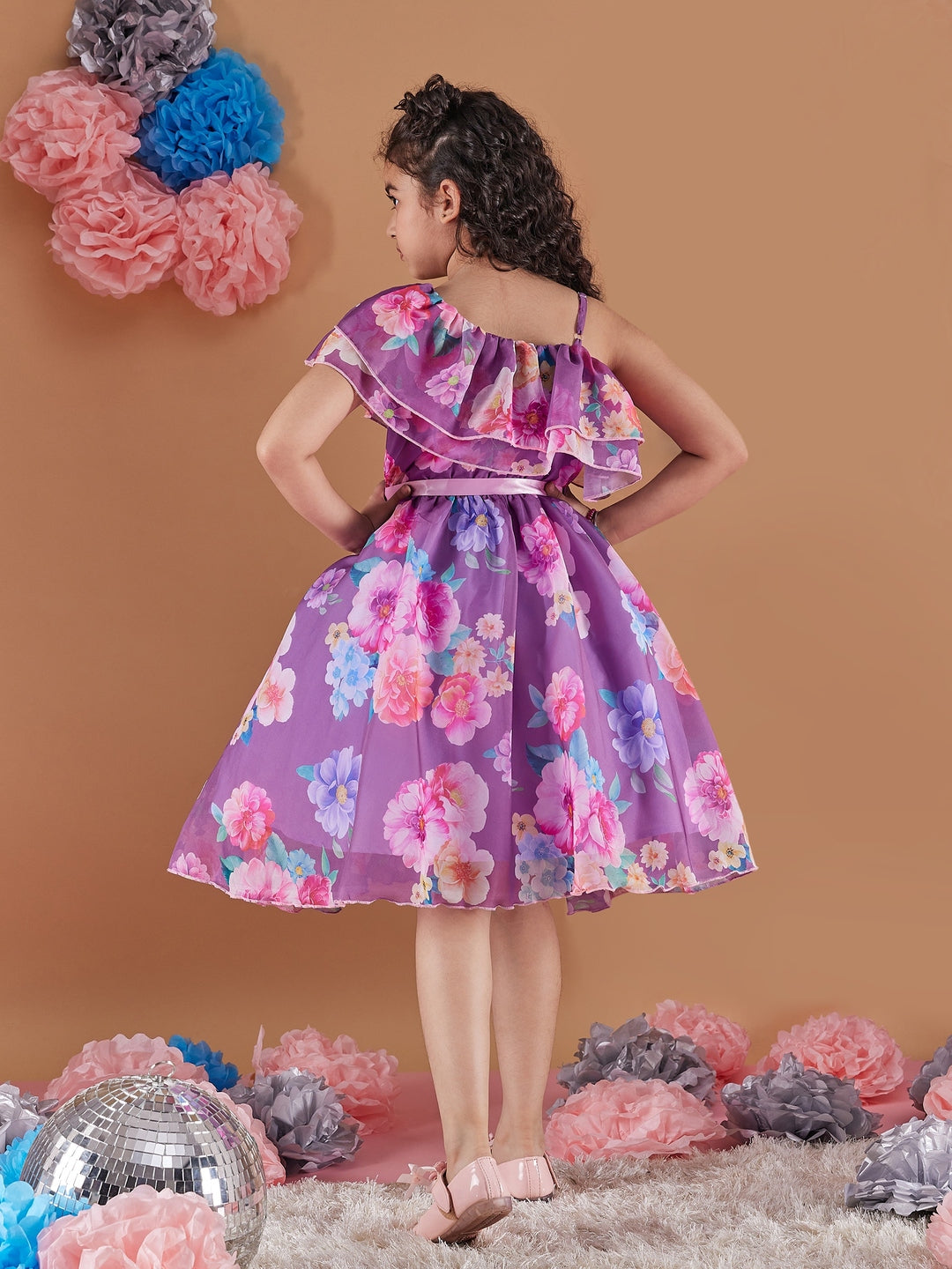 Girl's Floral Printed One Shoulder Ruffles Fit Flare Purple Dress Effortlessly Stylish and Elegant (d-purorganza)