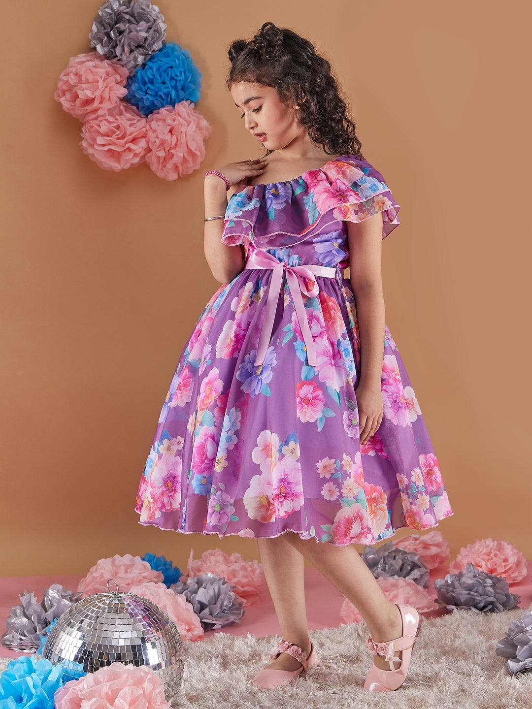 Girl's Floral Printed One Shoulder Ruffles Fit Flare Purple Dress Effortlessly Stylish and Elegant (d-purorganza)