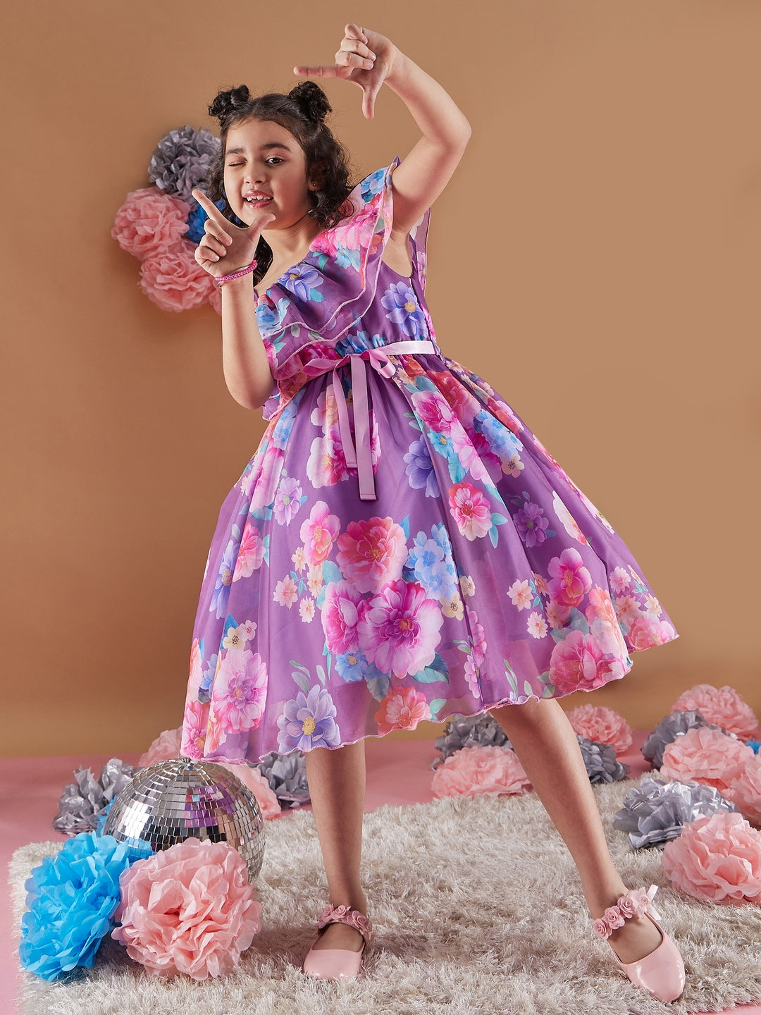 Girl's Floral Printed One Shoulder Ruffles Fit Flare Purple Dress Effortlessly Stylish and Elegant (d-purorganza)