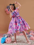 Girl's Floral Printed One Shoulder Ruffles Fit Flare Purple Dress Effortlessly Stylish and Elegant (d-purorganza)