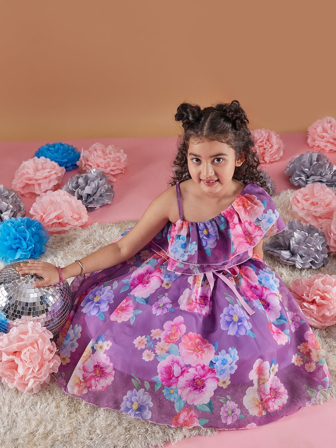 Girl's Floral Printed One Shoulder Ruffles Fit Flare Purple Dress Effortlessly Stylish and Elegant (d-purorganza)