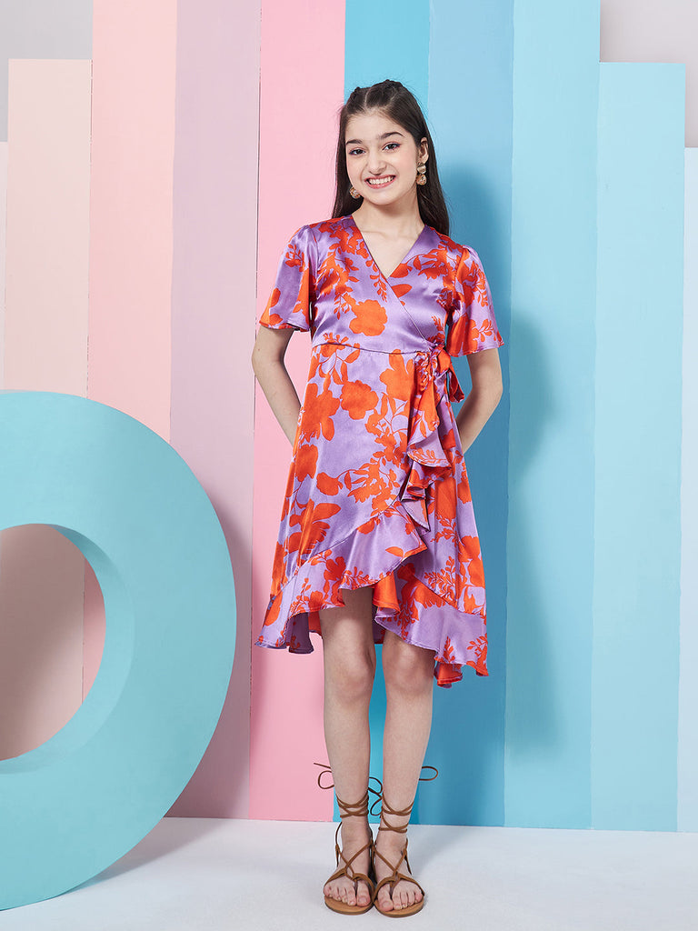 Girl's Floral Printed Flutter Sleeve Satin Wrap Dress Purple Color Stylish & Trendy (d-purplesatin)