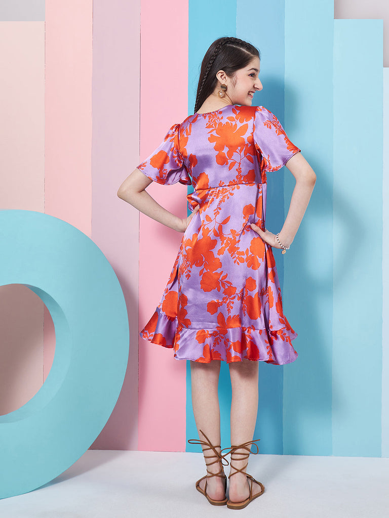 Girl's Floral Printed Flutter Sleeve Satin Wrap Dress Purple Color Stylish & Trendy (d-purplesatin)