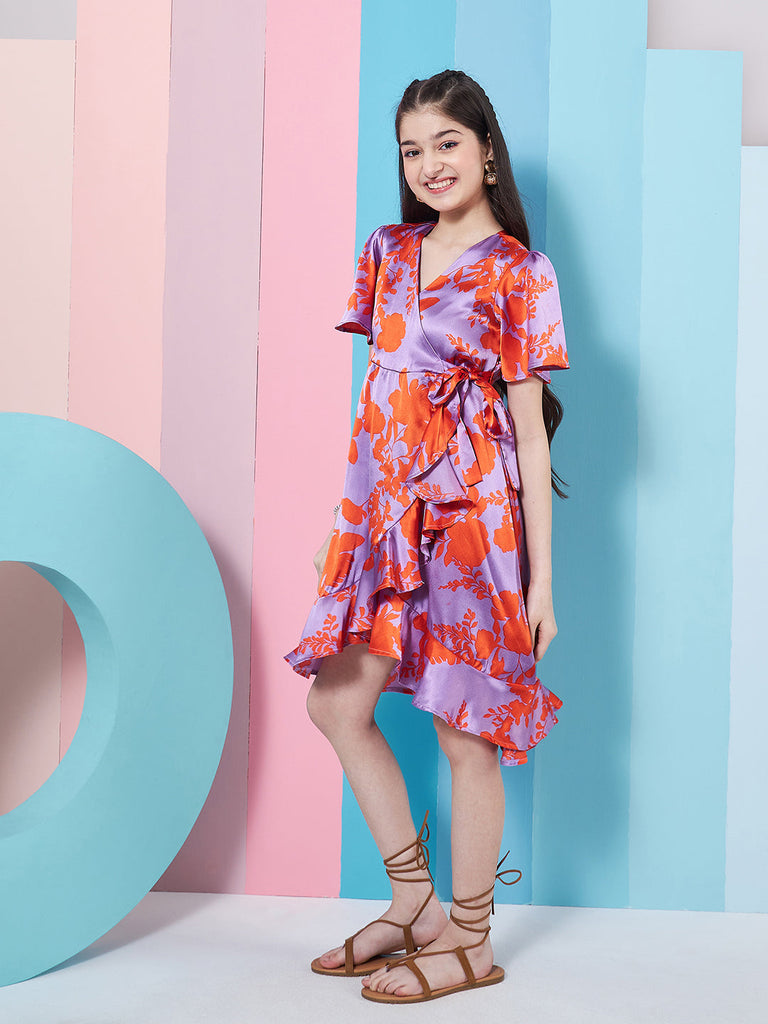 Girl's Floral Printed Flutter Sleeve Satin Wrap Dress Purple Color Stylish & Trendy (d-purplesatin)