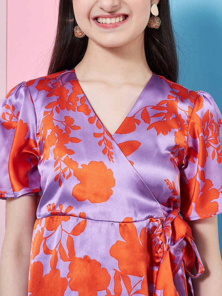 Girl's Floral Printed Flutter Sleeve Satin Wrap Dress Purple Color Stylish & Trendy (d-purplesatin)
