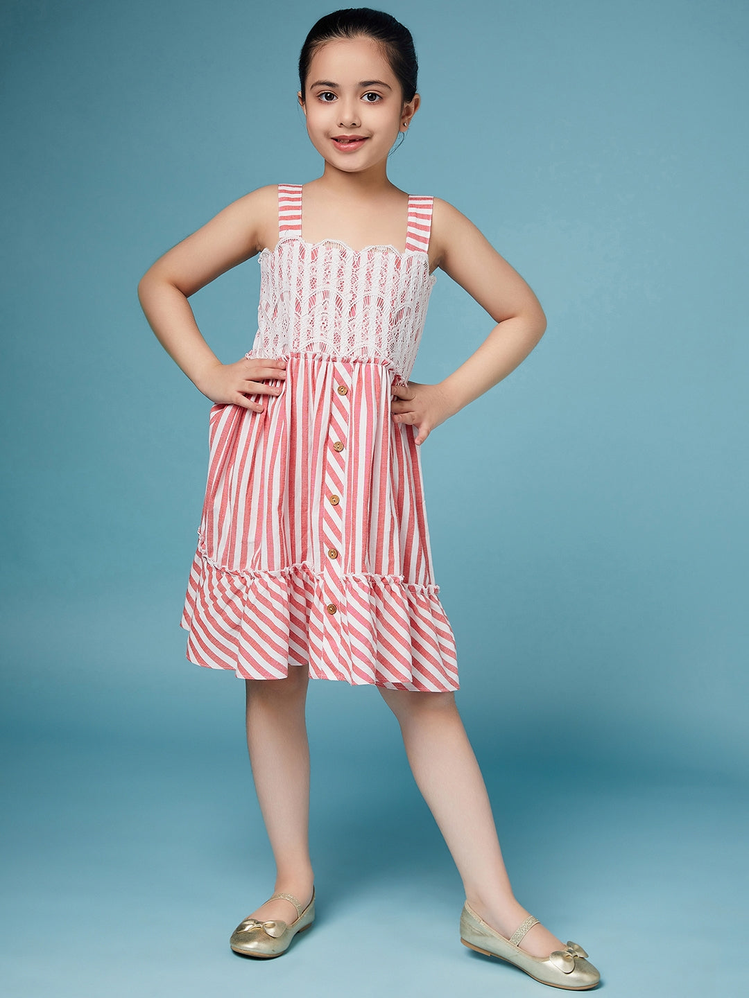 Girls Red and white striped fit & flare dress Shoulder straps Sleeveless Casual Wear Dress (d-redwhite)