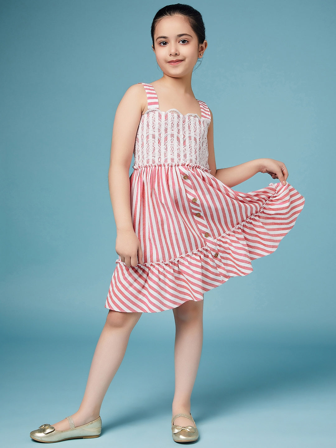 Girls Red and white striped fit & flare dress Shoulder straps Sleeveless Casual Wear Dress (d-redwhite)