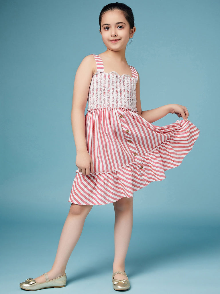 Girls Red and white striped fit & flare dress Shoulder straps Sleeveless Casual Wear Dress (d-redwhite)