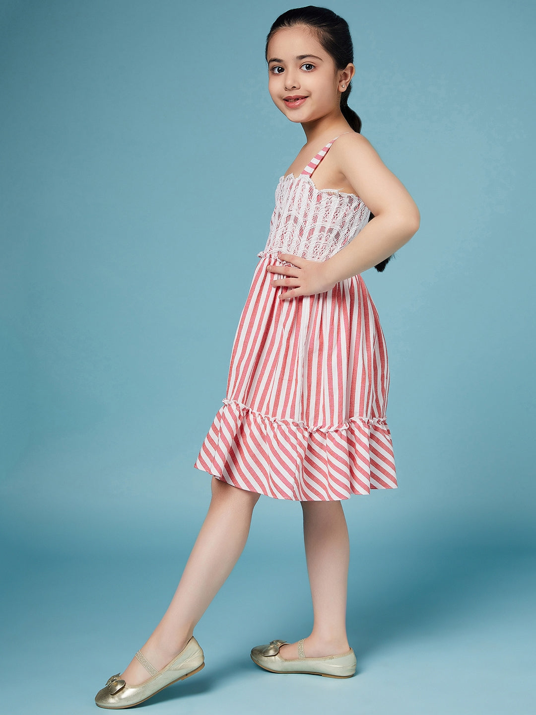 Girls Red and white striped fit & flare dress Shoulder straps Sleeveless Casual Wear Dress (d-redwhite)