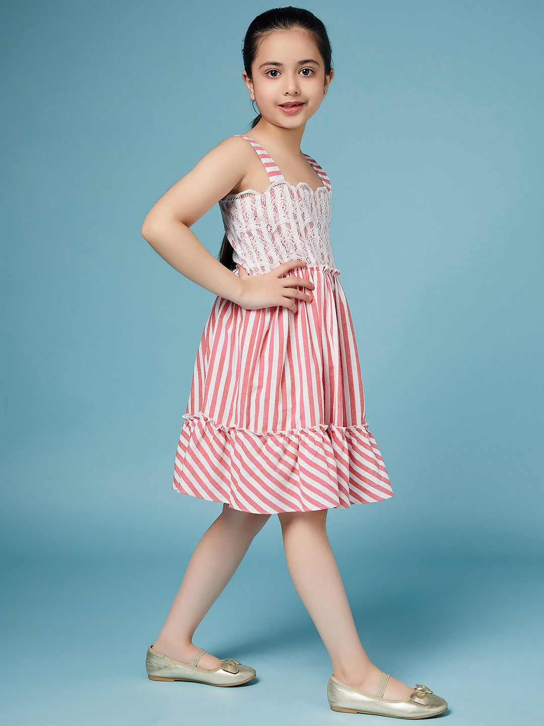 Girls Red and white striped fit & flare dress Shoulder straps Sleeveless Casual Wear Dress (d-redwhite)