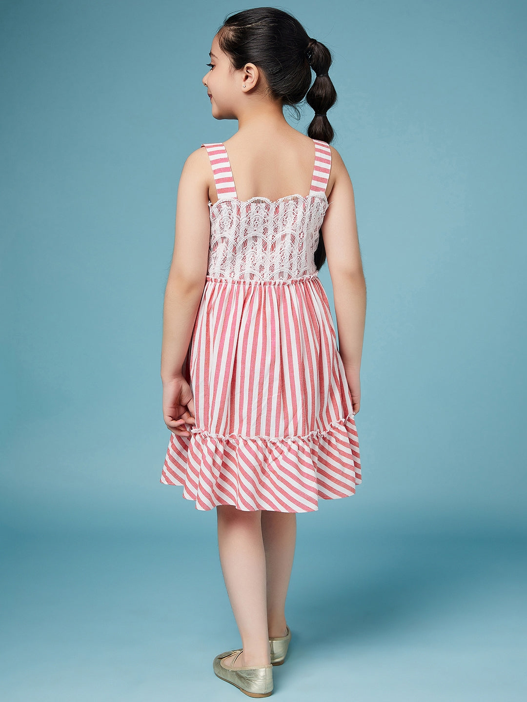 Girls Red and white striped fit & flare dress Shoulder straps Sleeveless Casual Wear Dress (d-redwhite)
