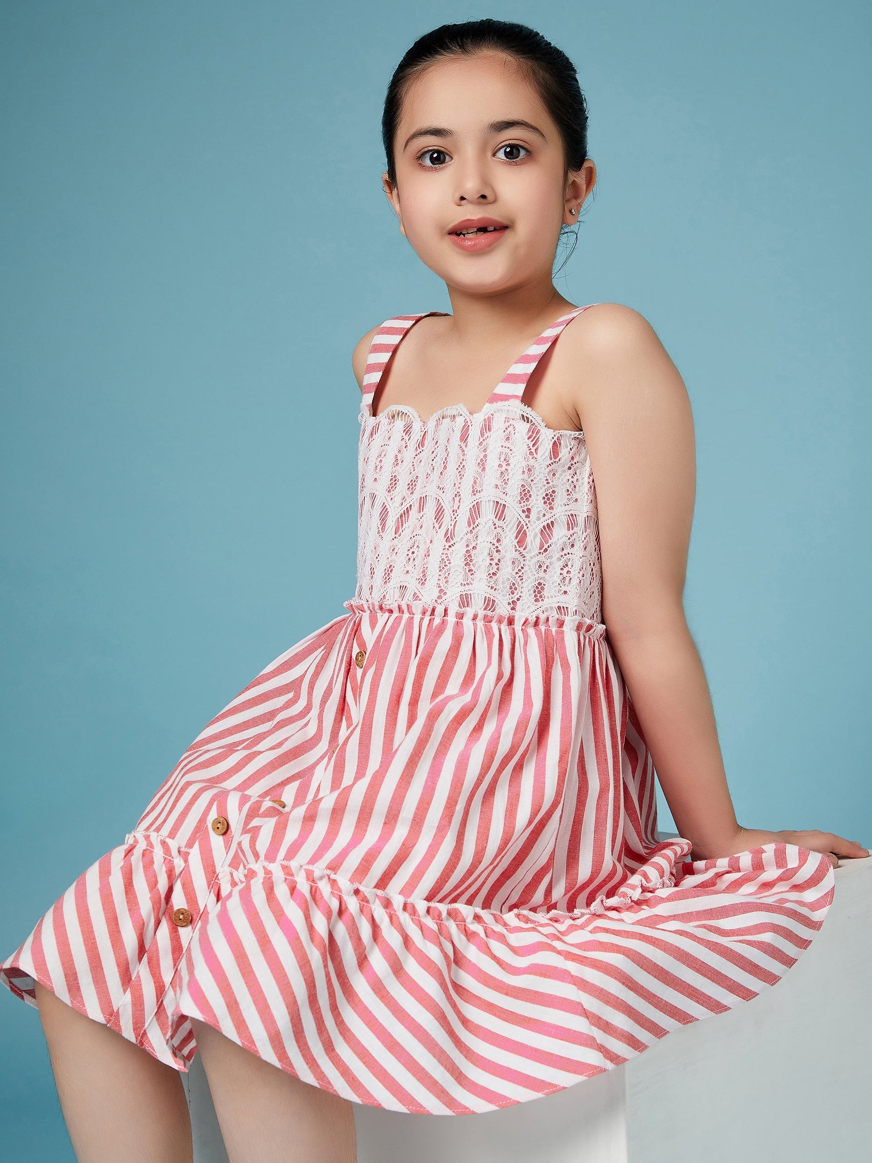 Girls Red and white striped fit & flare dress Shoulder straps Sleeveless Casual Wear Dress (d-redwhite)