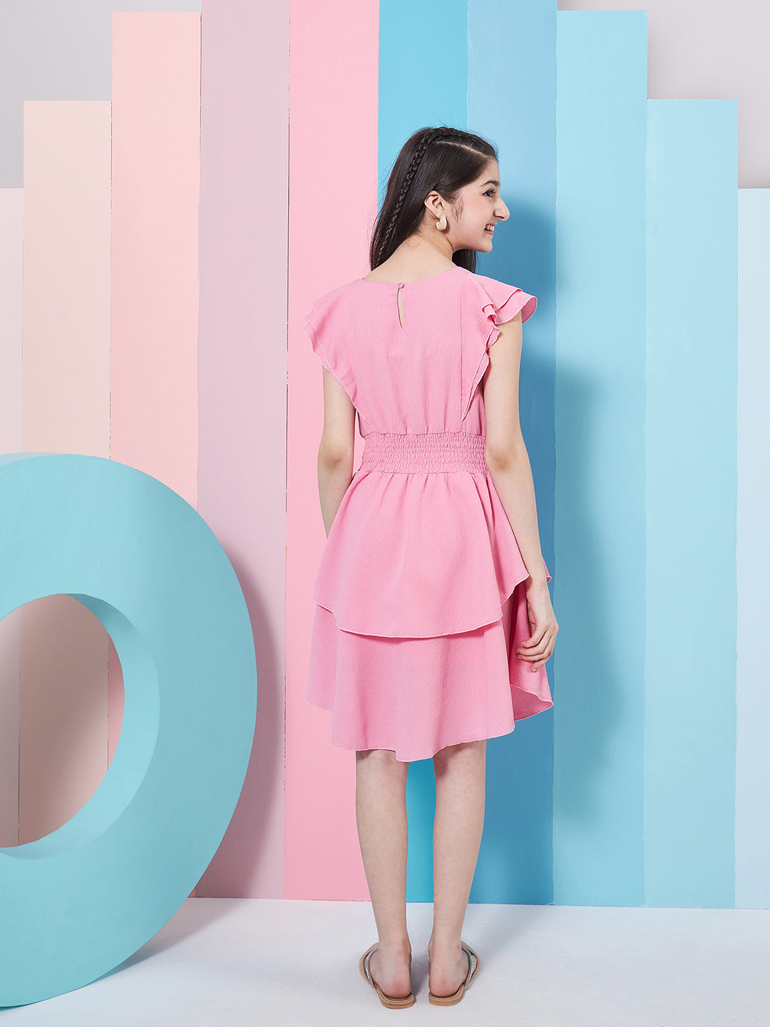 Girl's Flutter Sleeve Layered Crepe Fit & Flare Dress Pink Color Stylish & Comfortable Wear for Everyday Look (d-rosecrinkle)