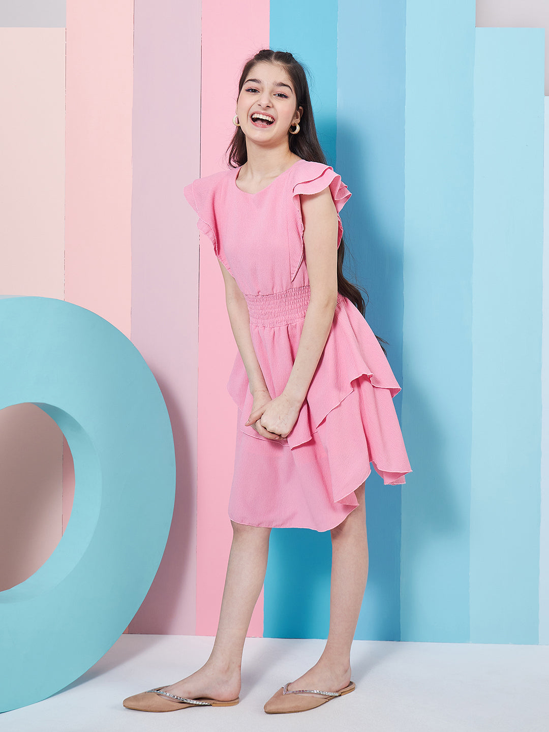 Girl's Flutter Sleeve Layered Crepe Fit & Flare Dress Pink Color Stylish & Comfortable Wear for Everyday Look (d-rosecrinkle)