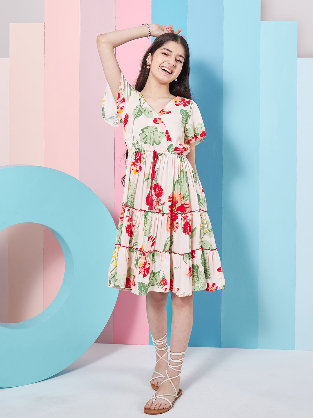 Girl's Floral Printed Flared Sleeves Tiered Fit & Flare Dress Casual Wear Stylish & Trendy Choice (d-rosepeach)