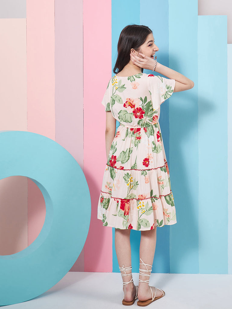 Girl's Floral Printed Flared Sleeves Tiered Fit & Flare Dress Casual Wear Stylish & Trendy Choice (d-rosepeach)