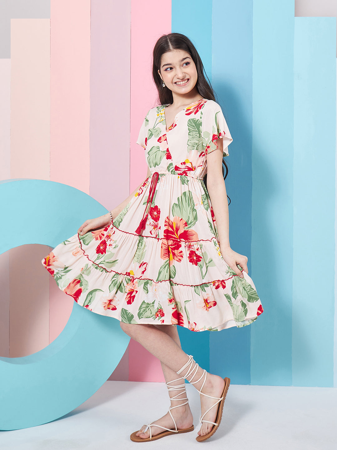 Girl's Floral Printed Flared Sleeves Tiered Fit & Flare Dress Casual Wear Stylish & Trendy Choice (d-rosepeach)