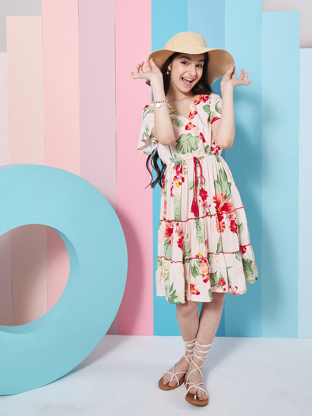 Girl's Floral Printed Flared Sleeves Tiered Fit & Flare Dress Casual Wear Stylish & Trendy Choice (d-rosepeach)