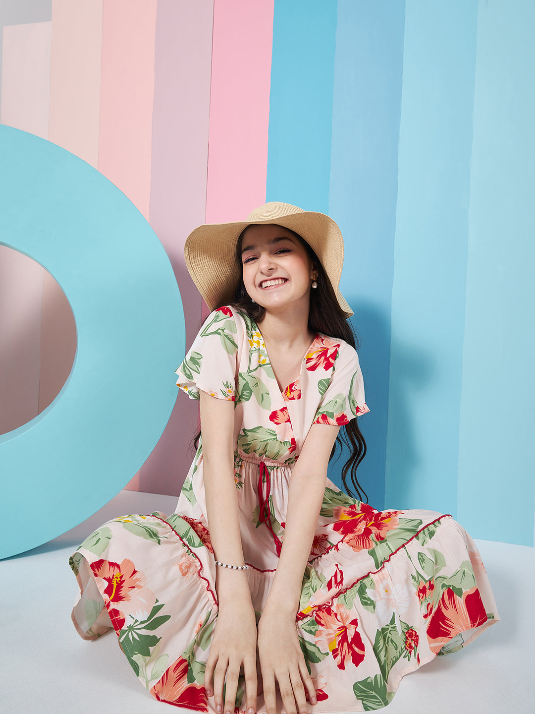 Girl's Floral Printed Flared Sleeves Tiered Fit & Flare Dress Casual Wear Stylish & Trendy Choice (d-rosepeach)