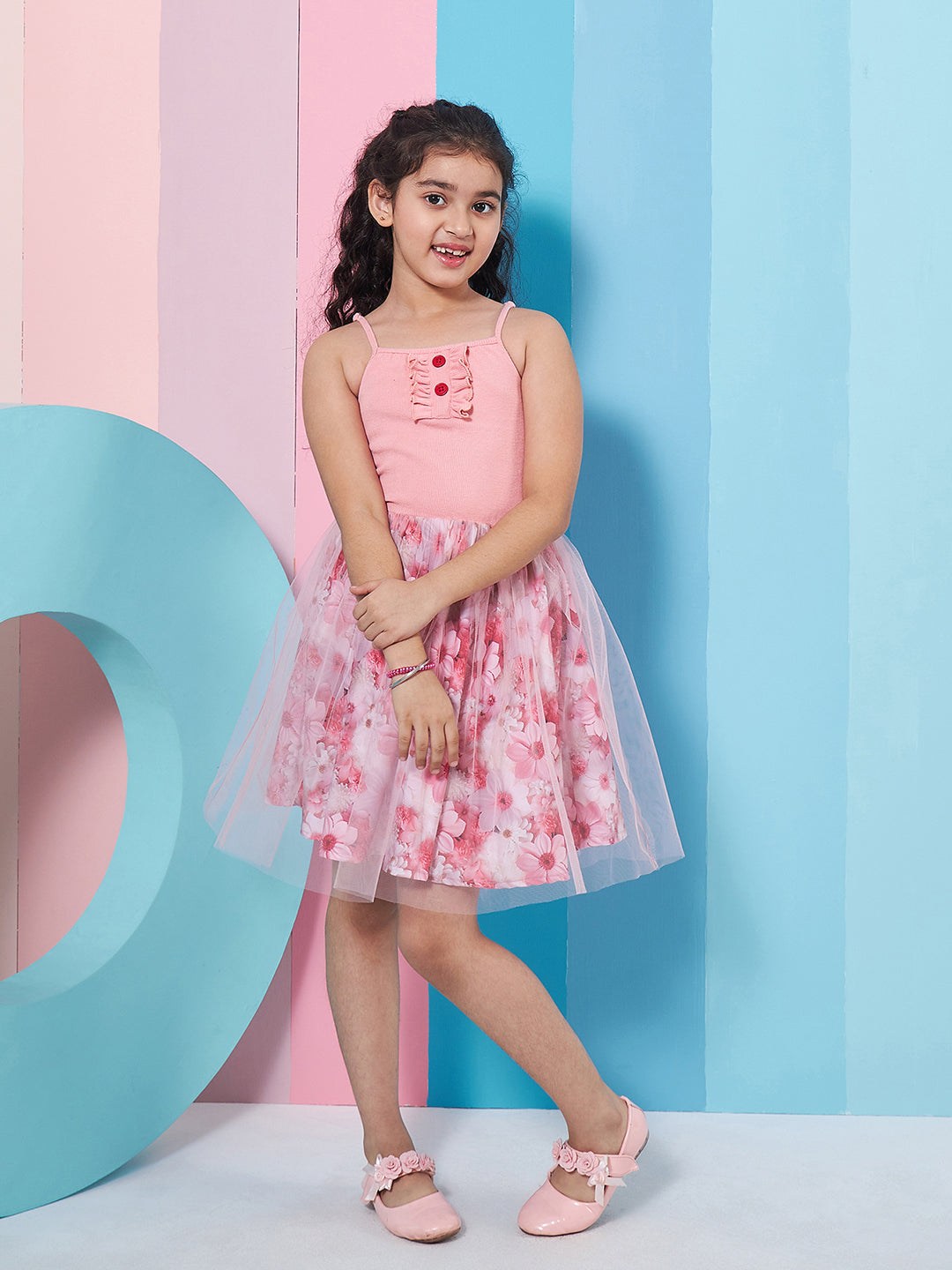 Girl's Floral Printed Woollen Fit Flare Pink Dress Effortlessly Stylish and Cozy for Trendy Teens (d-rosesdigi)
