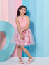 Girl's Floral Printed Woollen Fit Flare Pink Dress Effortlessly Stylish and Cozy for Trendy Teens (d-rosesdigi)