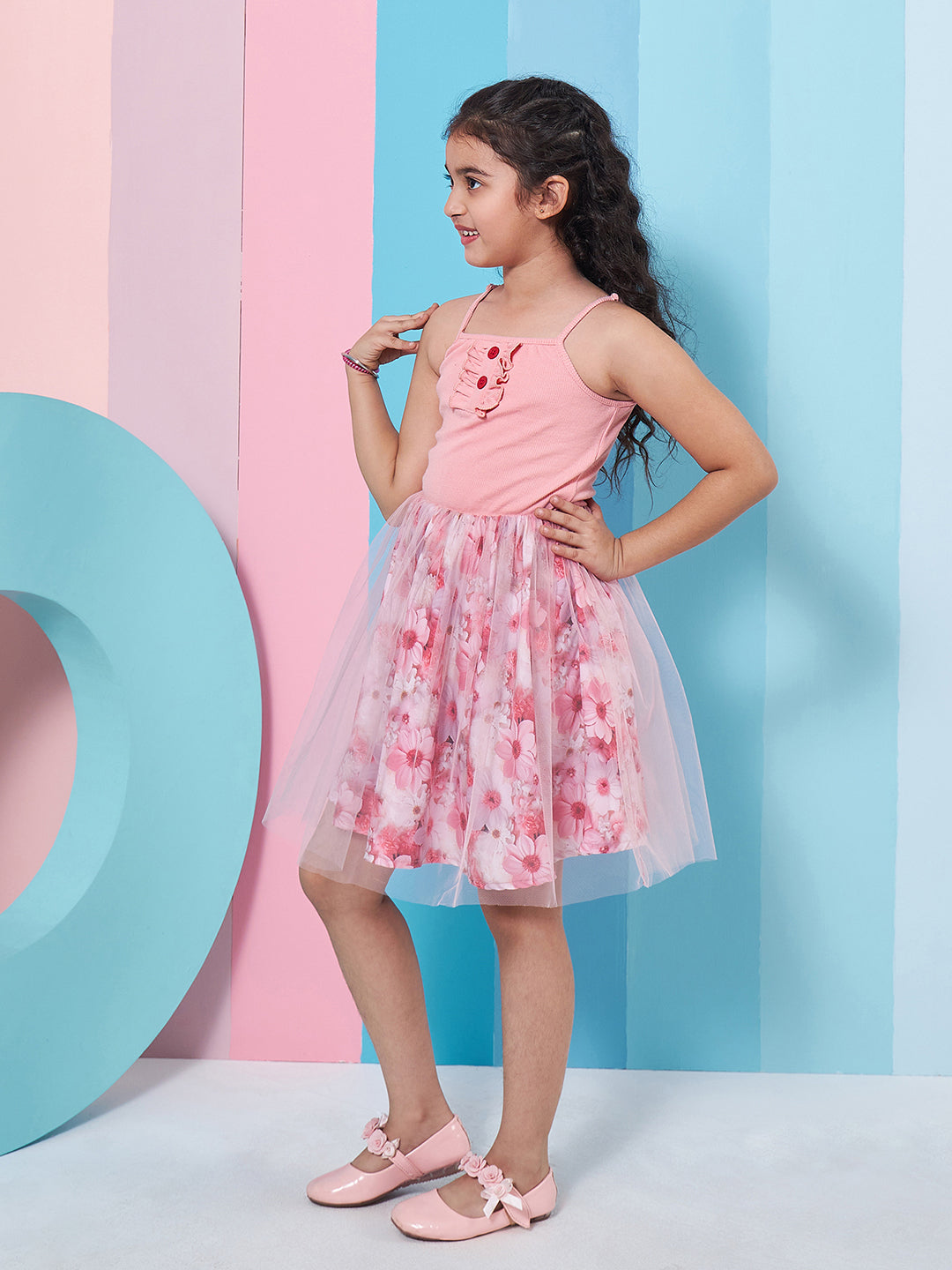 Girl's Floral Printed Woollen Fit Flare Pink Dress Effortlessly Stylish and Cozy for Trendy Teens (d-rosesdigi)