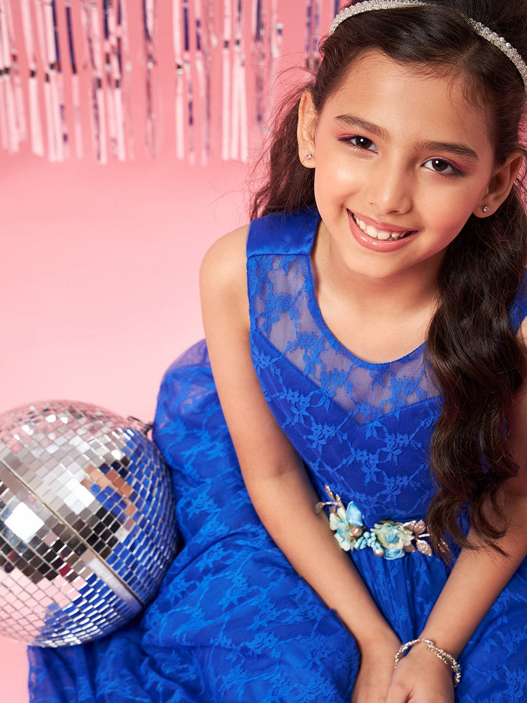 Girls Self Design Gathered Lace Fit & Flare Maxi Dress (d-royallace)