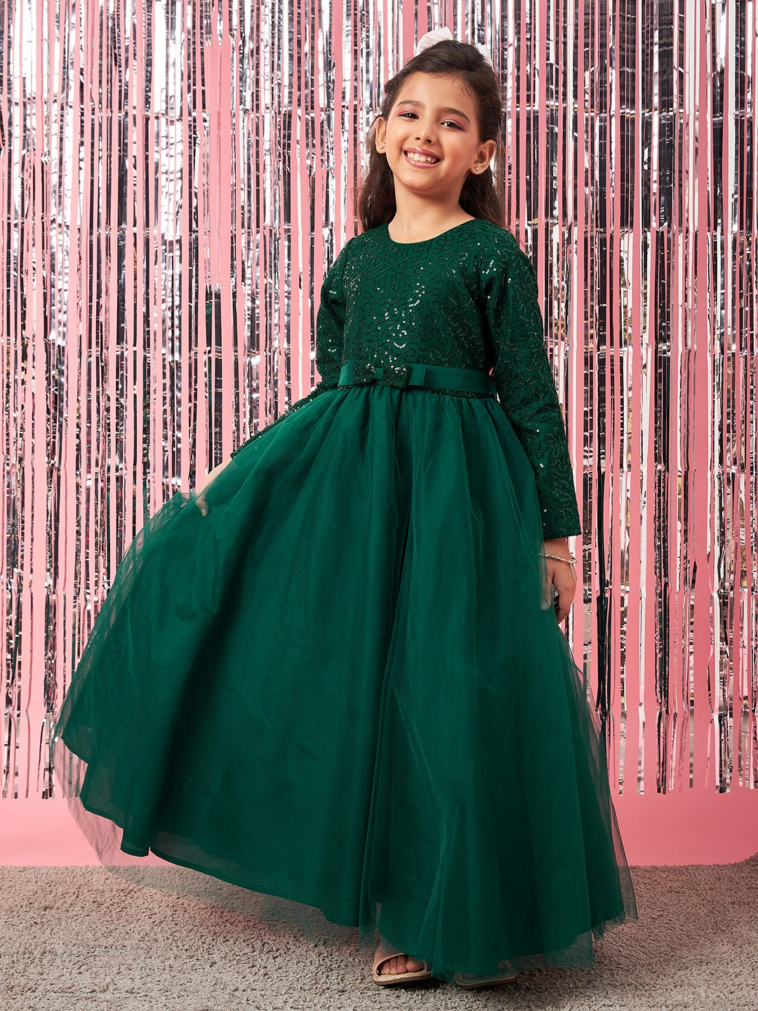 Girls Embellished Sequinned Fit & Flare Lace Maxi Dress (d-seqgown)
