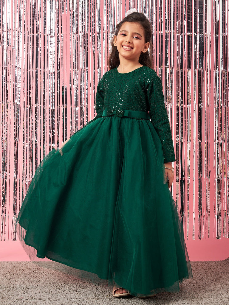 Girls Embellished Sequinned Fit & Flare Lace Maxi Dress (d-seqgown)