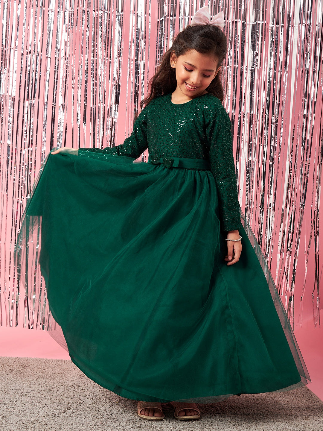 Girls Embellished Sequinned Fit & Flare Lace Maxi Dress (d-seqgown)